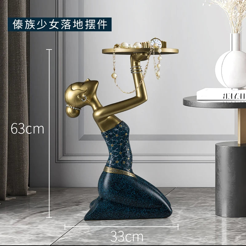 Retro Ethnic Kneeling Girl Statue Home Floor Decoration Interior Art Accessories Creative Statue Storage Tray Modern Home Gifts