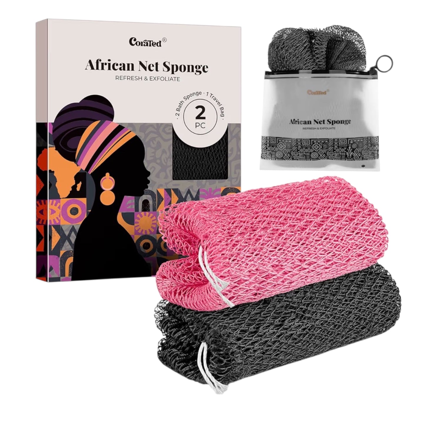 CORATED 2pcs African Exfoliating Net Sponge - Bath & Shower Net Sponges, Scrubbing Net Body, Beauty Skin Cleaning for Shower SPA Massage (Blue & Black)