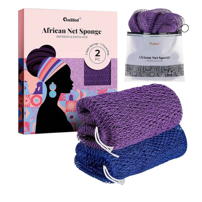 CORATED 2pcs African Exfoliating Net Sponge - Bath & Shower Net Sponges, Scrubbing Net Body, Beauty Skin Cleaning for Shower SPA Massage (Blue & Black)