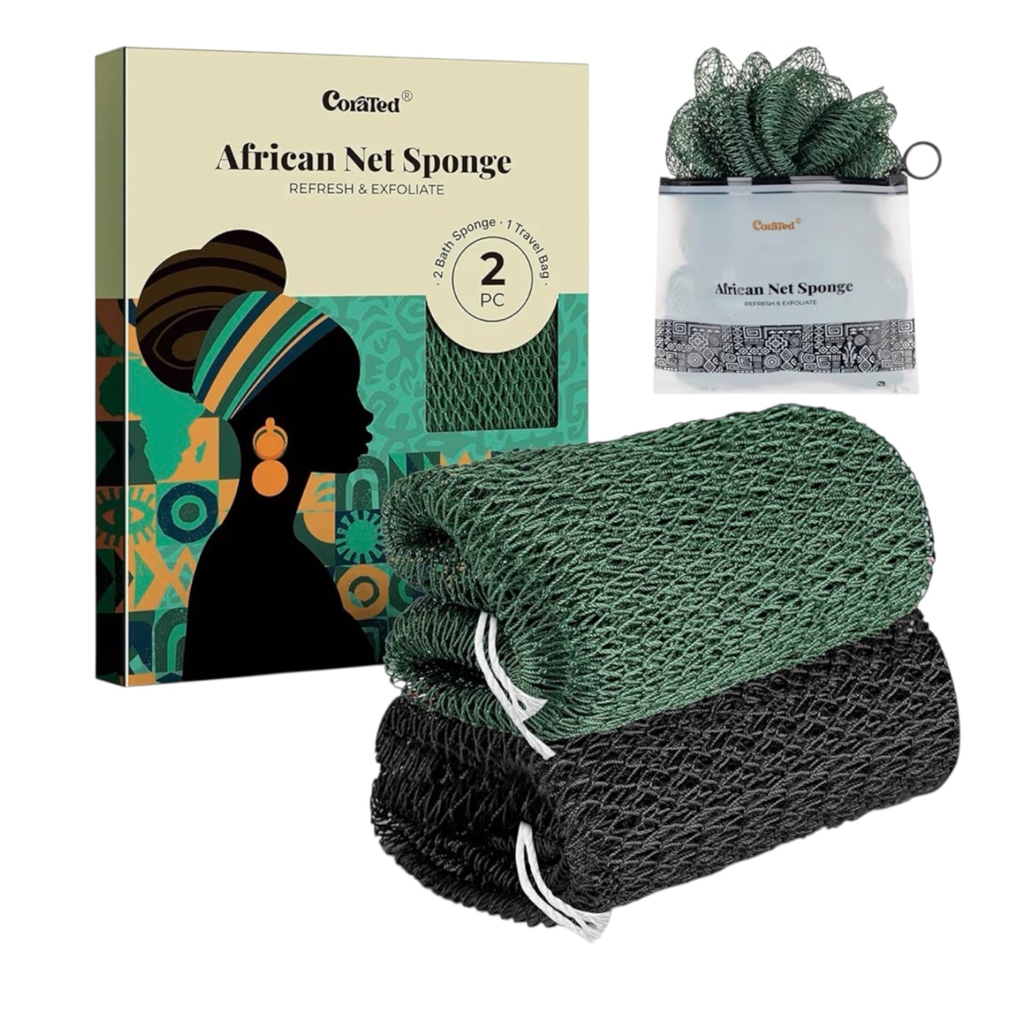 CORATED 2pcs African Exfoliating Net Sponge - Bath & Shower Net Sponges, Scrubbing Net Body, Beauty Skin Cleaning for Shower SPA Massage (Blue & Black)