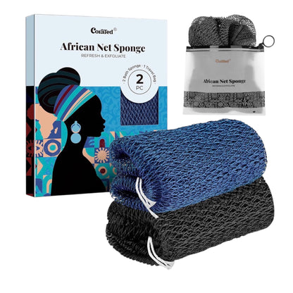 CORATED 2pcs African Exfoliating Net Sponge - Bath & Shower Net Sponges, Scrubbing Net Body, Beauty Skin Cleaning for Shower SPA Massage (Blue & Black)