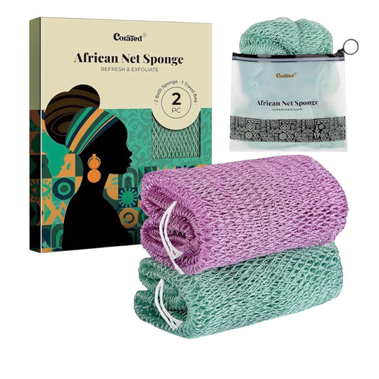 CORATED 2pcs African Exfoliating Net Sponge - Bath & Shower Net Sponges, Scrubbing Net Body, Beauty Skin Cleaning for Shower SPA Massage (Blue & Black)