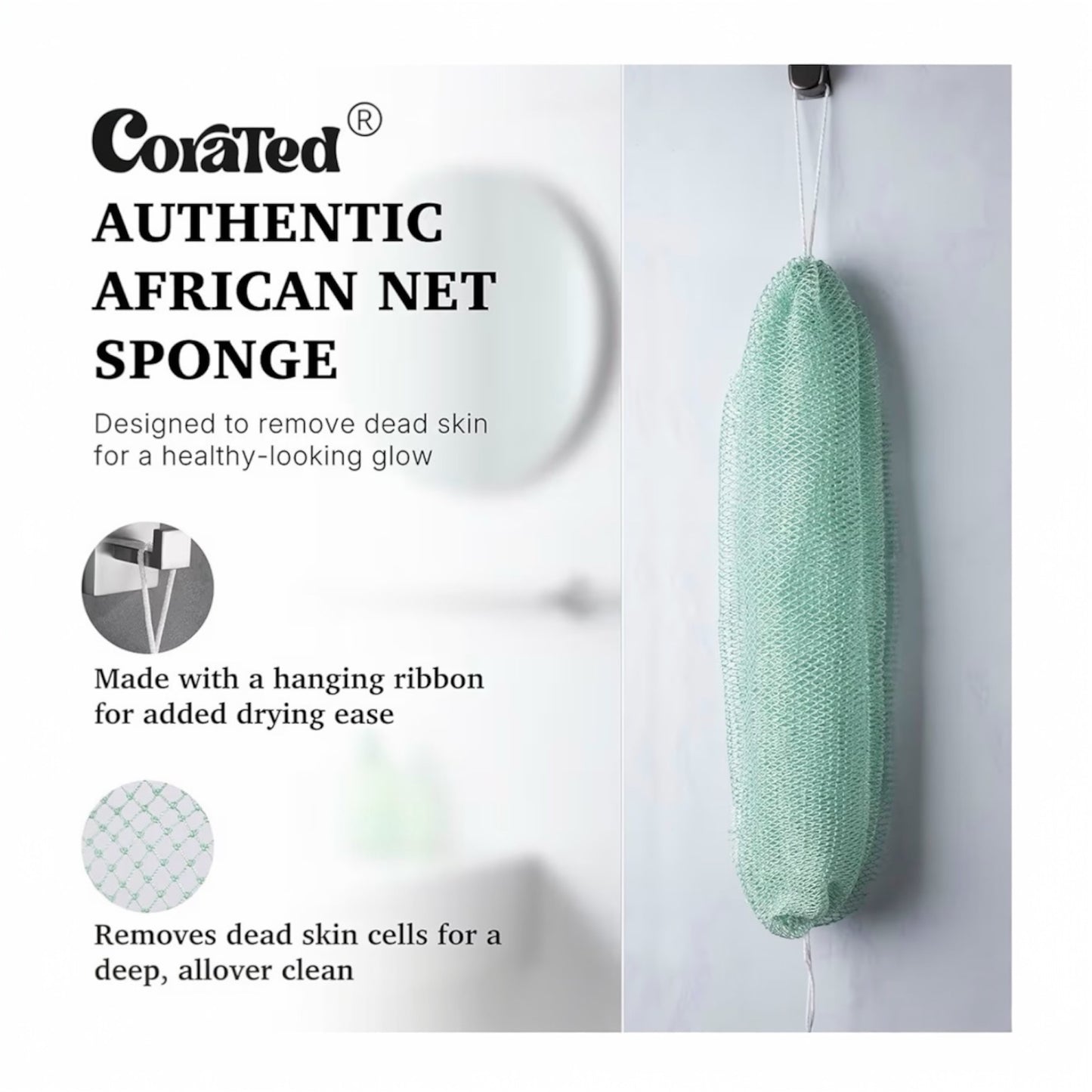 CORATED 2pcs African Exfoliating Net Sponge - Bath & Shower Net Sponges, Scrubbing Net Body, Beauty Skin Cleaning for Shower SPA Massage (Blue & Black)