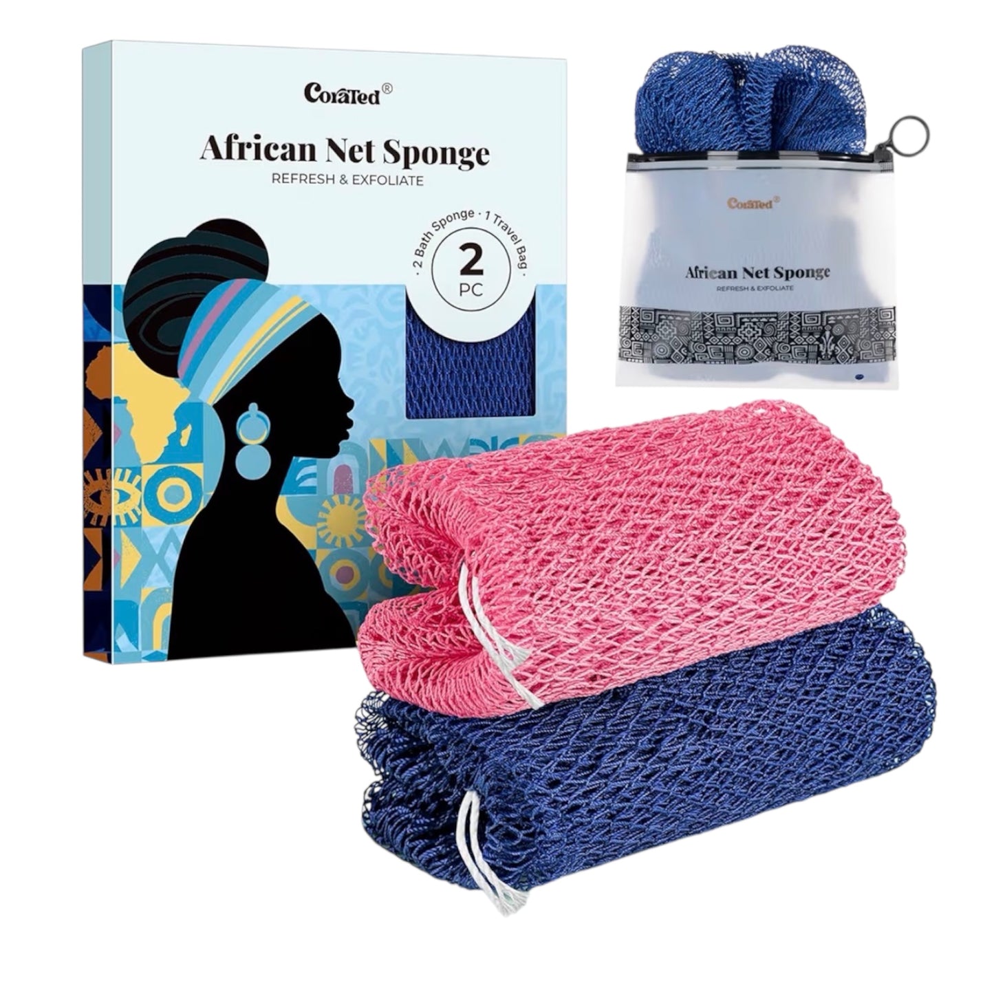 CORATED 2pcs African Exfoliating Net Sponge - Bath & Shower Net Sponges, Scrubbing Net Body, Beauty Skin Cleaning for Shower SPA Massage (Blue & Black)