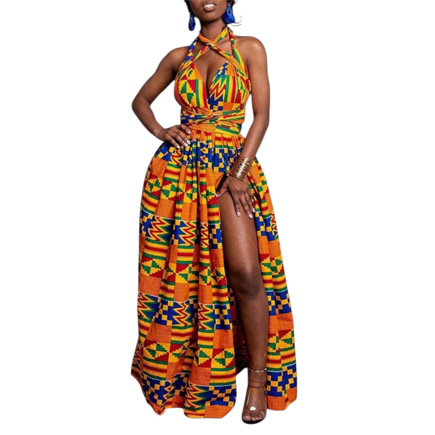OLIPHEE Women's African Boho Dress Vintage Floor Length High Waist Multiway Bandage Dress Ethnic Costume (Delivered within 2-3 weeks from the day of purchase)