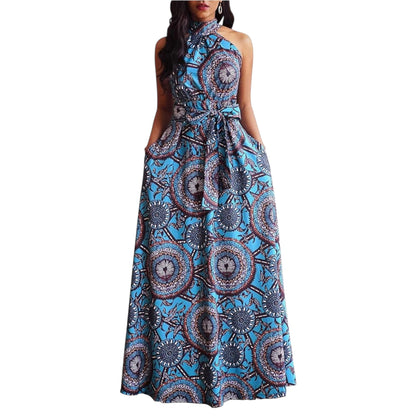 VERWIN Floor Length Lace-Up High Waist Stand Collar Sleeveless Women's Maxi Dress Print Dress
