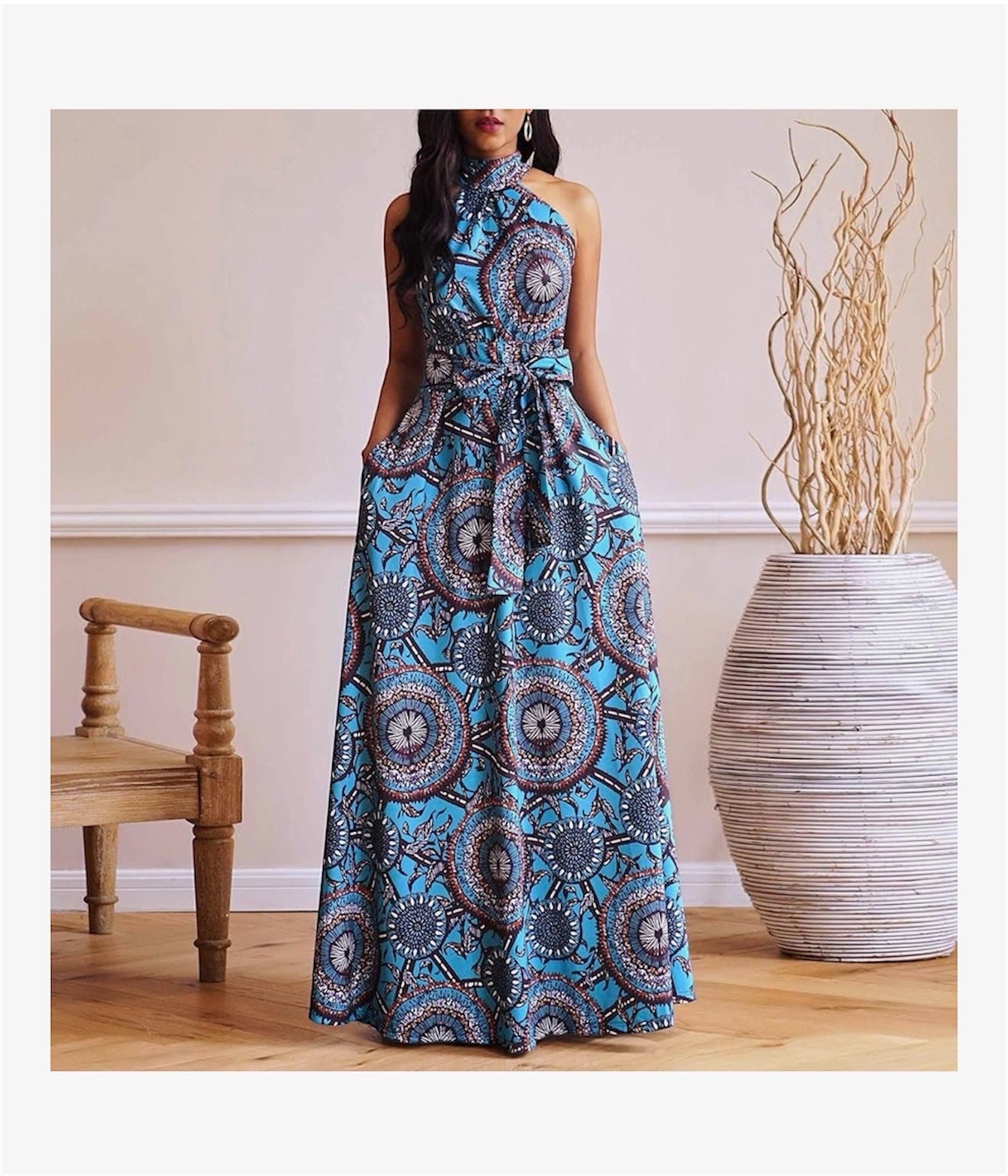 VERWIN Floor Length Lace-Up High Waist Stand Collar Sleeveless Women's Maxi Dress Print Dress
