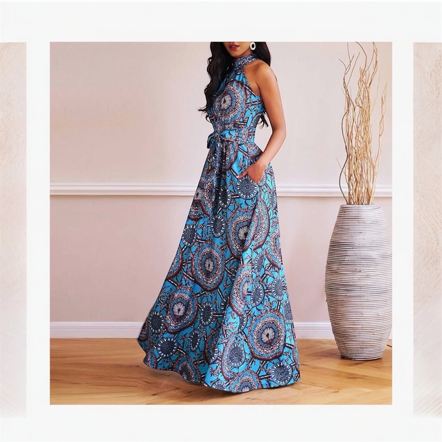 VERWIN Floor Length Lace-Up High Waist Stand Collar Sleeveless Women's Maxi Dress Print Dress