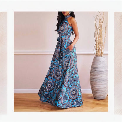 VERWIN Floor Length Lace-Up High Waist Stand Collar Sleeveless Women's Maxi Dress Print Dress