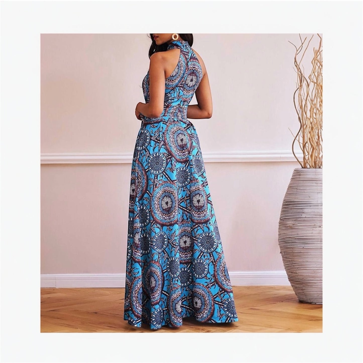 VERWIN Floor Length Lace-Up High Waist Stand Collar Sleeveless Women's Maxi Dress Print Dress