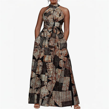 VERWIN Floor Length Lace-Up High Waist Stand Collar Sleeveless Women's Maxi Dress Print Dress