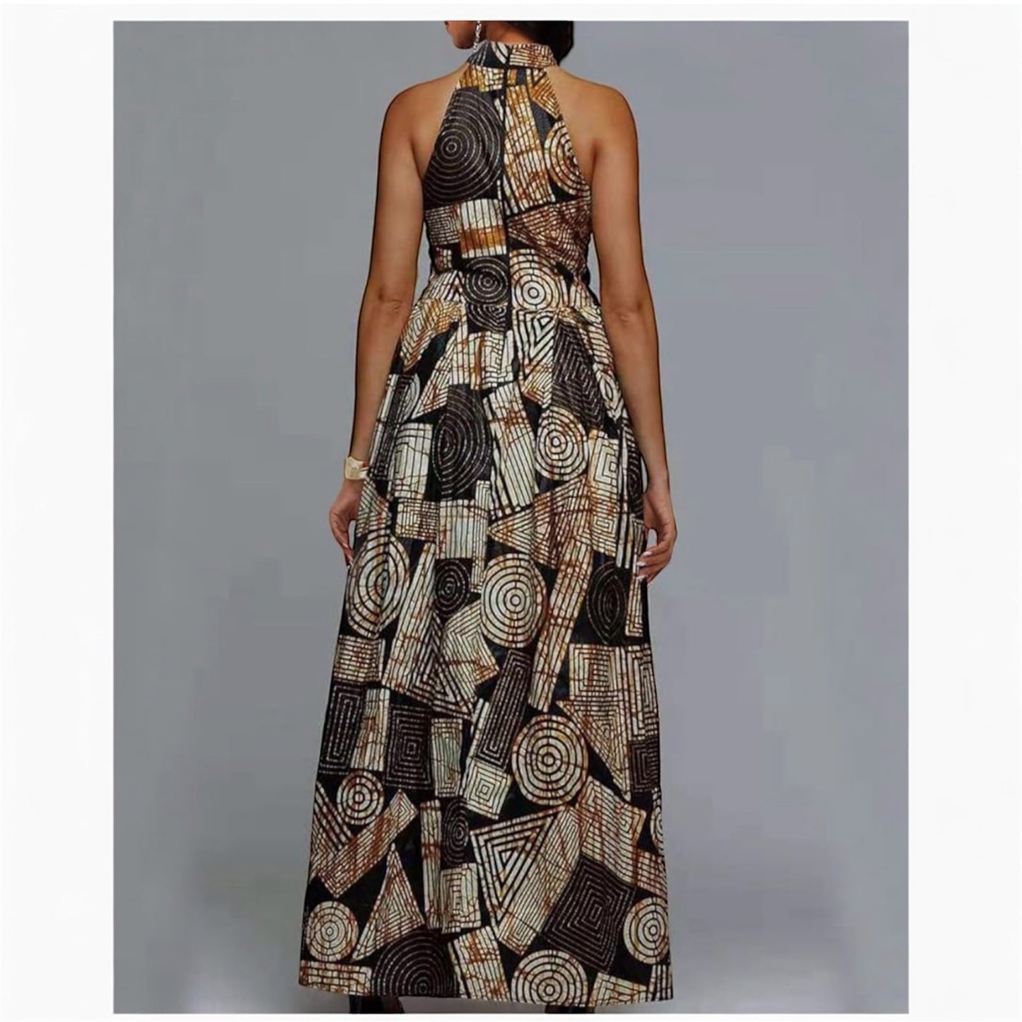 VERWIN Floor Length Lace-Up High Waist Stand Collar Sleeveless Women's Maxi Dress Print Dress