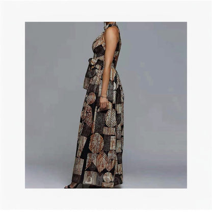 VERWIN Floor Length Lace-Up High Waist Stand Collar Sleeveless Women's Maxi Dress Print Dress