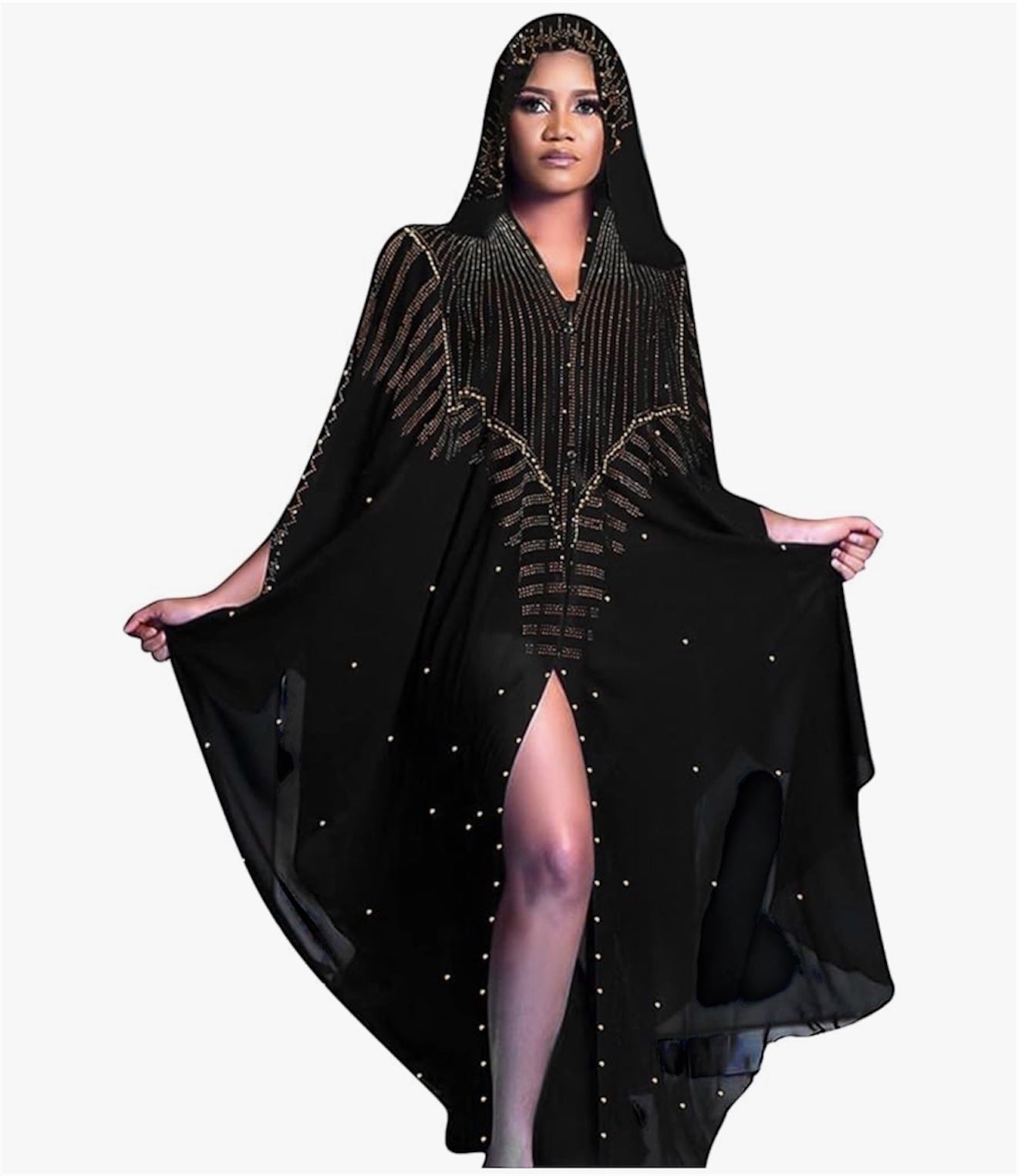 IWEMEK Women Open Front Loose Fit Batwing Long Sleeve Abaya Dubai Kaftan Turkish Muslim Hijab Dress Cardigan Chiffon Hooded African Evening Dresses Hot Drilling Maxi Kimono Robe (Delivered within 2-3 weeks from the day of purchase)