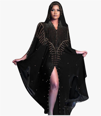 IWEMEK Women Open Front Loose Fit Batwing Long Sleeve Abaya Dubai Kaftan Turkish Muslim Hijab Dress Cardigan Chiffon Hooded African Evening Dresses Hot Drilling Maxi Kimono Robe (Delivered within 2-3 weeks from the day of purchase)