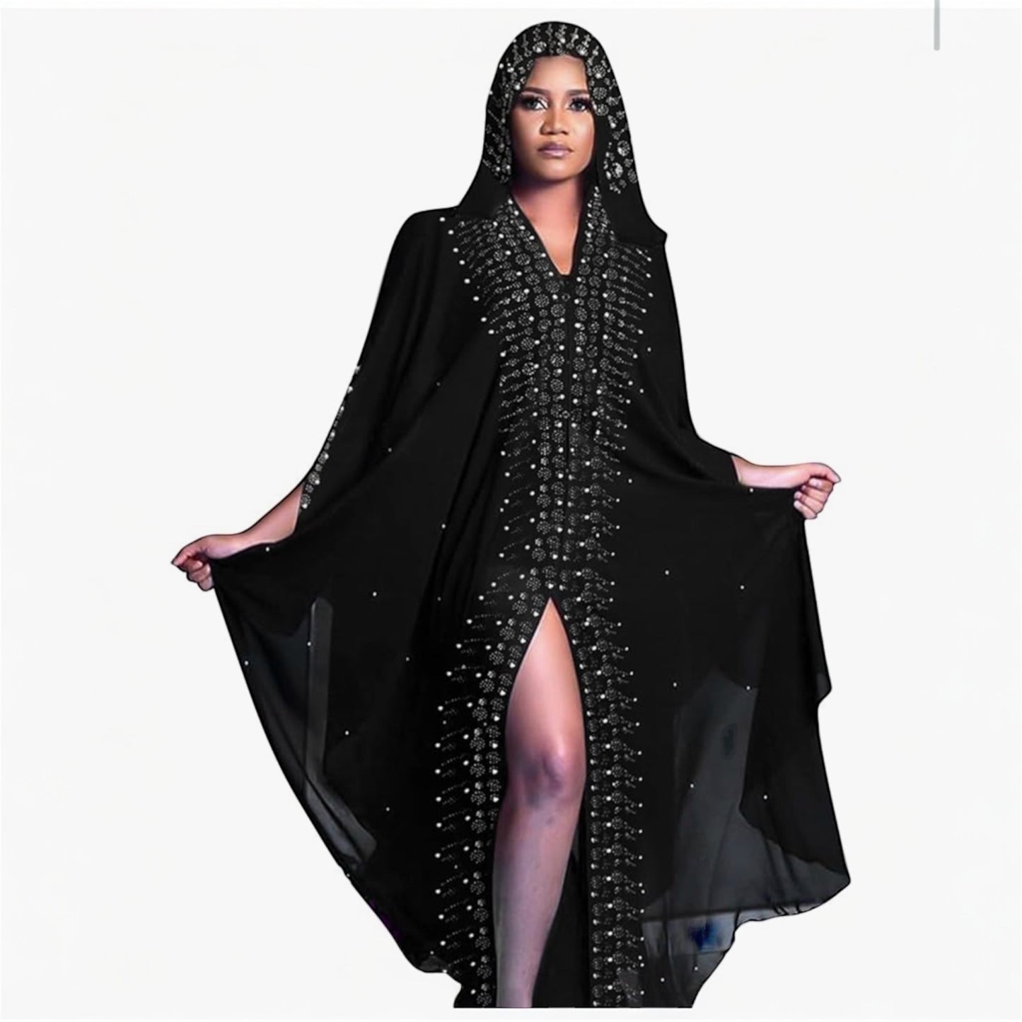 IWEMEK Women Open Front Loose Fit Batwing Long Sleeve Abaya Dubai Kaftan Turkish Muslim Hijab Dress Cardigan Chiffon Hooded African Evening Dresses Hot Drilling Maxi Kimono Robe (Delivered within 2-3 weeks from the day of purchase)