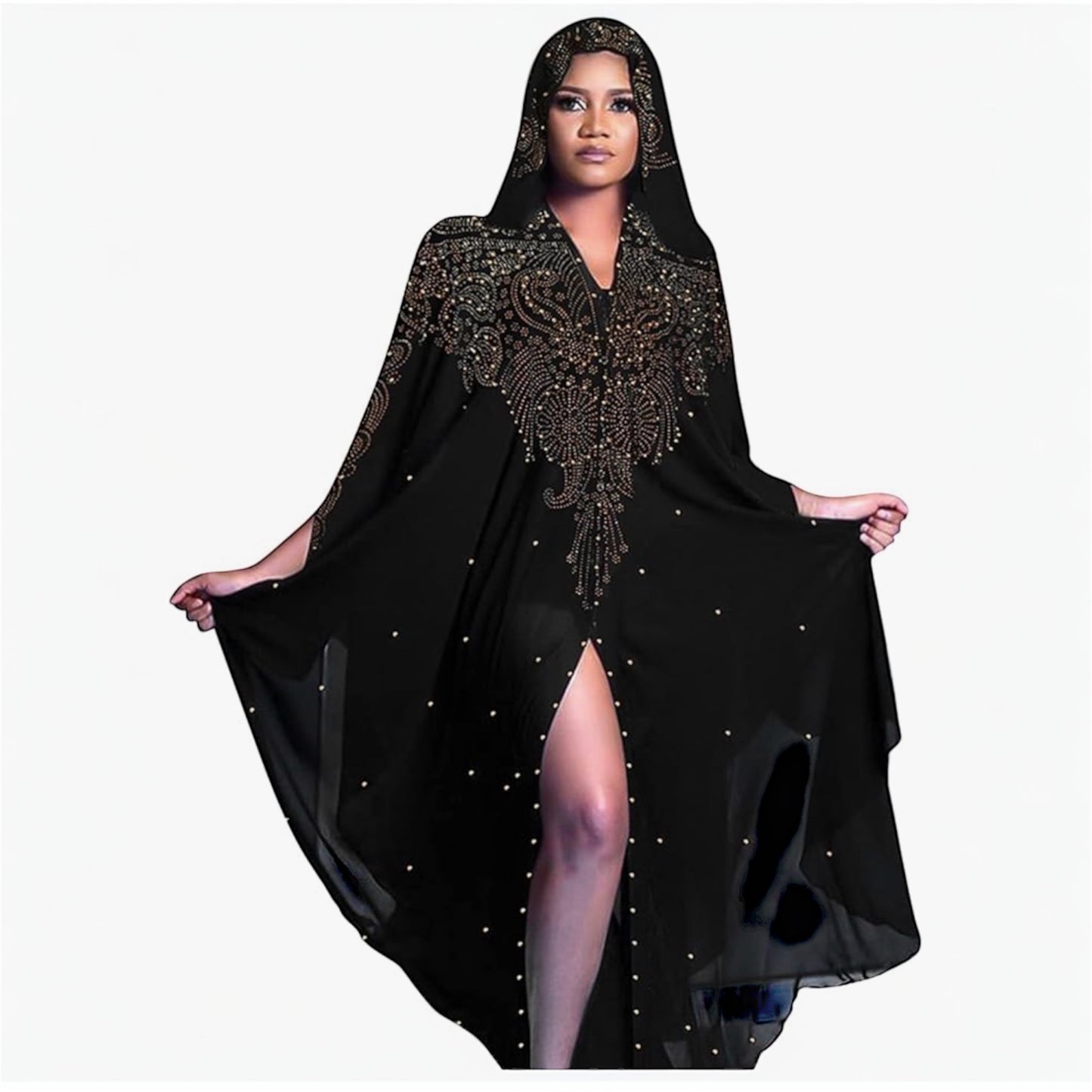 IWEMEK Women Open Front Loose Fit Batwing Long Sleeve Abaya Dubai Kaftan Turkish Muslim Hijab Dress Cardigan Chiffon Hooded African Evening Dresses Hot Drilling Maxi Kimono Robe (Delivered within 2-3 weeks from the day of purchase)