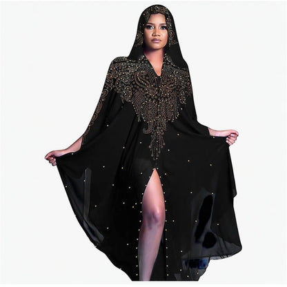IWEMEK Women Open Front Loose Fit Batwing Long Sleeve Abaya Dubai Kaftan Turkish Muslim Hijab Dress Cardigan Chiffon Hooded African Evening Dresses Hot Drilling Maxi Kimono Robe (Delivered within 2-3 weeks from the day of purchase)