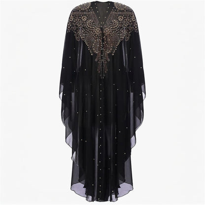 IWEMEK Women Open Front Loose Fit Batwing Long Sleeve Abaya Dubai Kaftan Turkish Muslim Hijab Dress Cardigan Chiffon Hooded African Evening Dresses Hot Drilling Maxi Kimono Robe (Delivered within 2-3 weeks from the day of purchase)