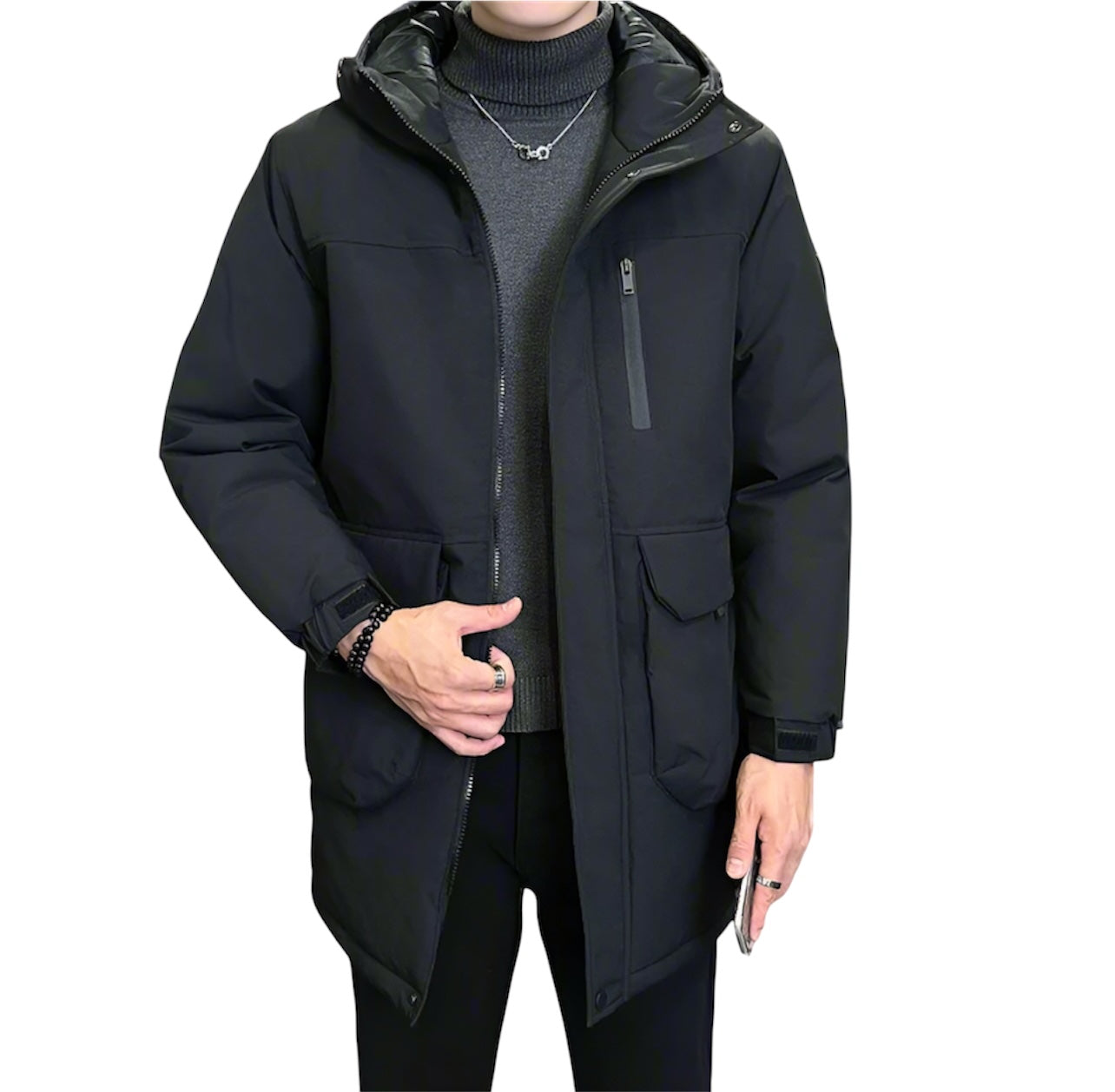 Mens Mid Length Windproof Hooded Jacket