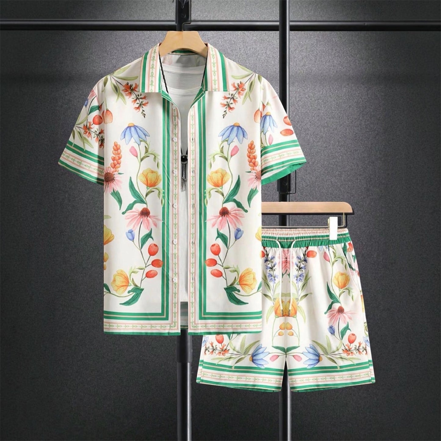 Men's Summer Beach Casual Short Sleeve Button Shirt Set
