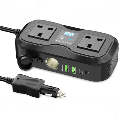 AUCARAUTO 7 in 1 Car Power Inverter 200W 12V to 240V with USB C PD QC3.0 and UK Plug Sockets
