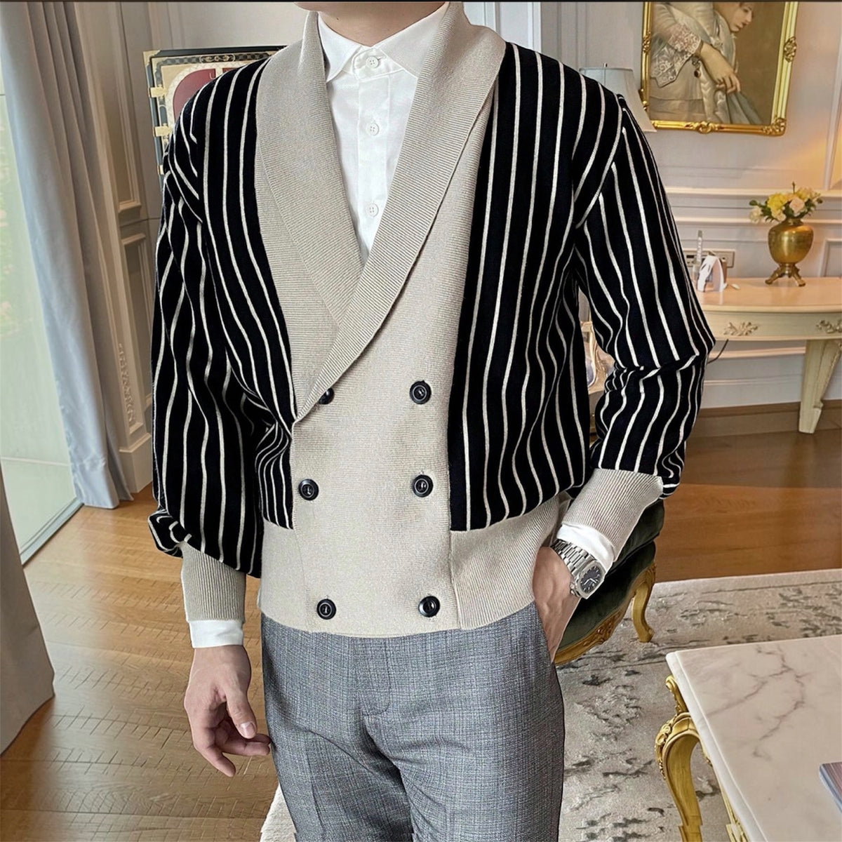 Men Striped Shawl Collar Double Breasted Cardigan Fall Winter Knitted Warm Jacket UK