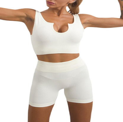 2-Piece Seamless Ribbed Workout Set – Crop Tank & High-Waisted Shorts