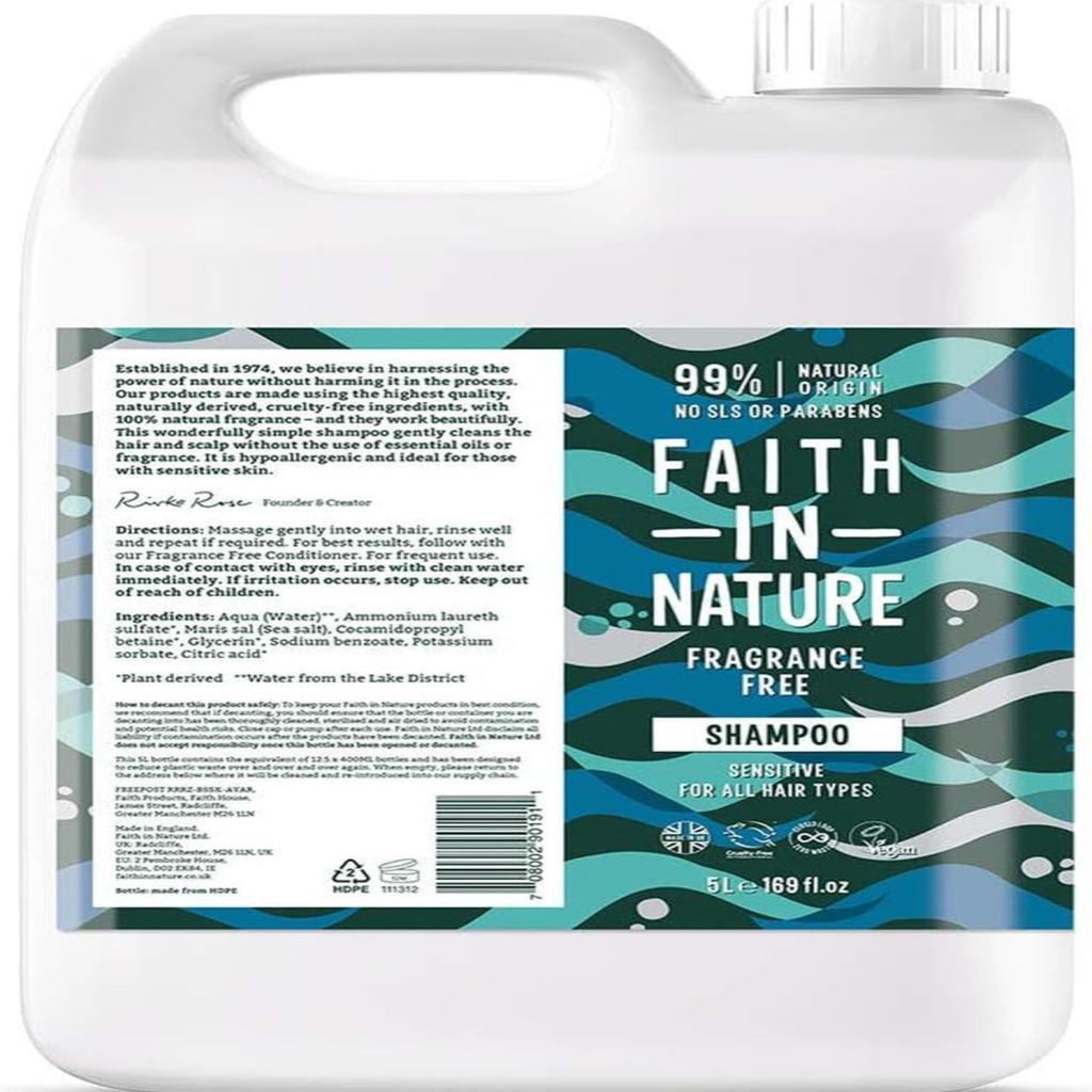 Natural Fragrance-Free Shampoo – Vegan, Cruelty-Free & SLS-Free (5L Refill Pack)