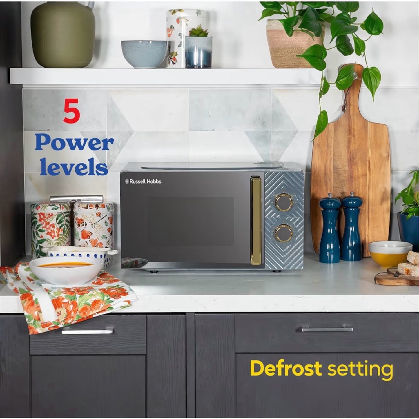 Russell Hobbs  Litre 700W White Solo Manual Microwave with Groove Design, 5 Power Levels, Integrated Timer and Defrost Function, Easy Clean RHMM723