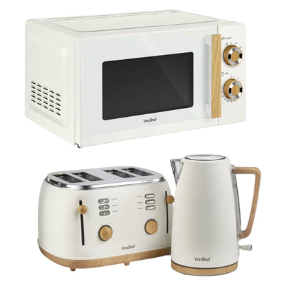 VonShef Microwave Kettle Toaster Set – Scandi Kitchen Set, 1.7L Nordic Rapid Boil Kettle, Wide Slot Toaster 4 Slice with 6 Browning Controls, and 20L Microwave with 6 Power Levels – Fika Range, Cream