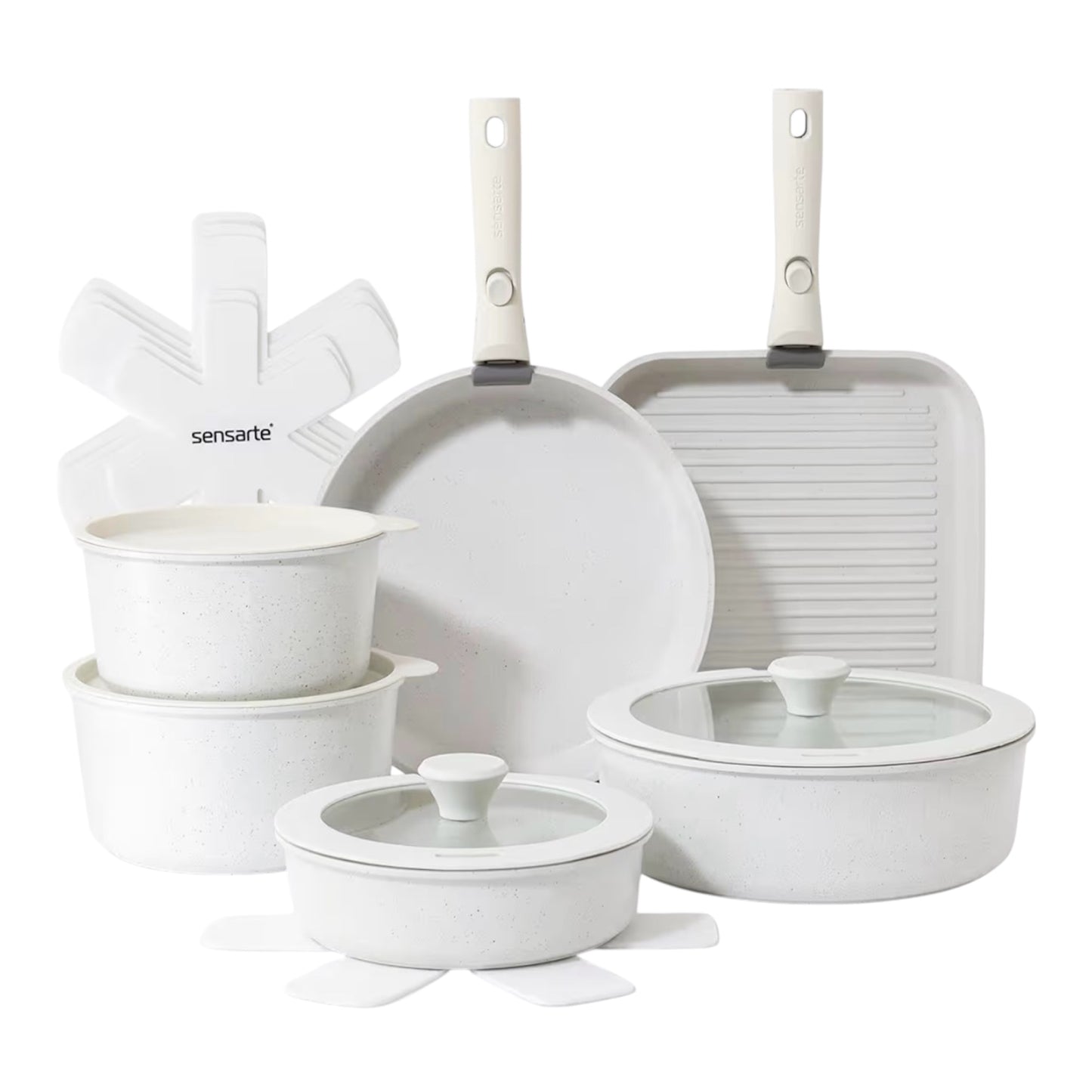 SENSARTE 17 Piece Pots and Pans Set, Nonstick Detachable Handle Cookware Set, Induction Kitchen Cookware Set with Removable Handle, Healthy Non Stick for RV, Dishwasher ＆ Oven Safe, PFOA Free (White)