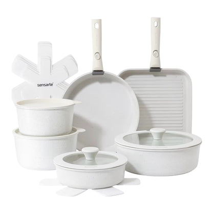 SENSARTE 17 Piece Pots and Pans Set, Nonstick Detachable Handle Cookware Set, Induction Kitchen Cookware Set with Removable Handle, Healthy Non Stick for RV, Dishwasher ＆ Oven Safe, PFOA Free (White)