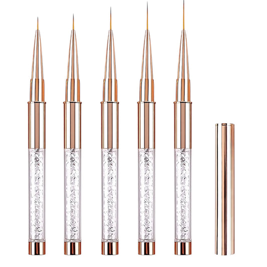 5-Piece Nail Art Liner Brush Set – Fine Detail Acrylic Brushes (7/9/11/15/20mm) with Diamond Handle & Lid (Rose Gold)