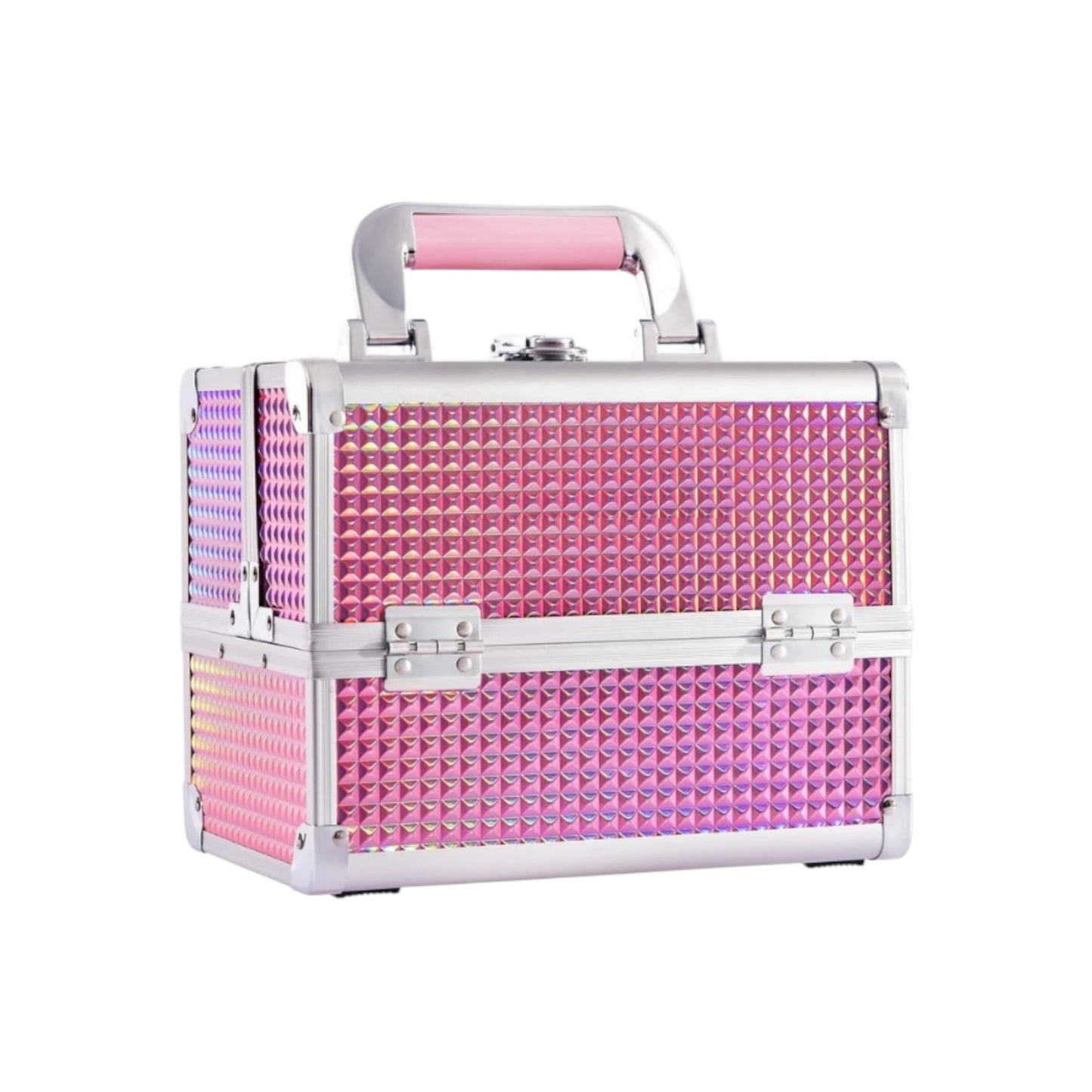 Holographic Pink Makeup Box Vanity Case - Lockable Cosmetic Organizer with Mirror for Professional and Personal Use