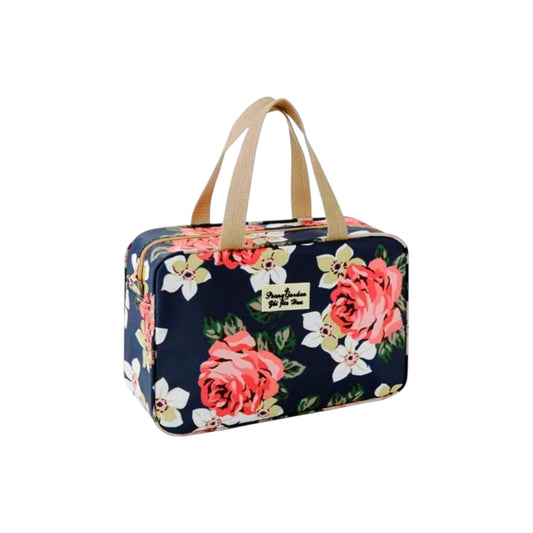 Toiletry Bag for Women – Large Leakproof Cosmetic Organizer (Navy Rose, Floral Design)