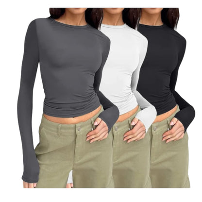 3 Pieces Women Y2K Basic Long Sleeve Top Slim Fitted Baby Tee round Neck Skim Dupe Crop Layering Slim Top Blouse Aesthetic Streetwear