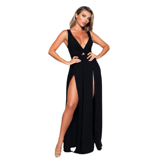 Elegant Plunge Neck Double-Slit Maxi Dress