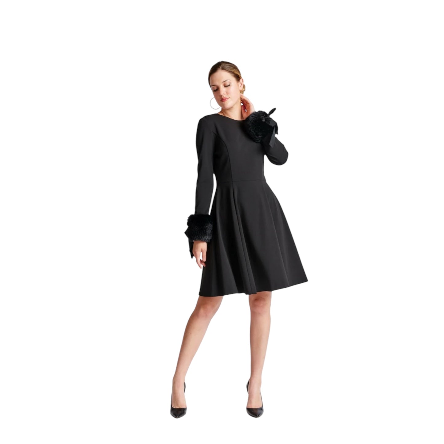 Caroline Dress - Crepe fit & flare dress with faux fur cuffs