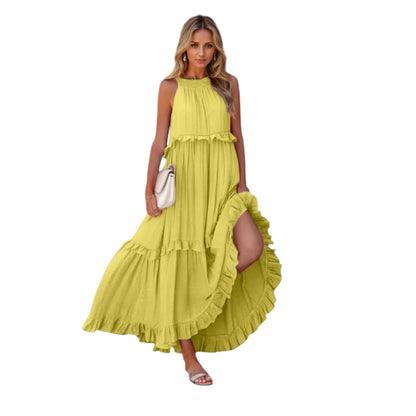 Ruffled Sleeveless Tiered Maxi Dress with Pockets