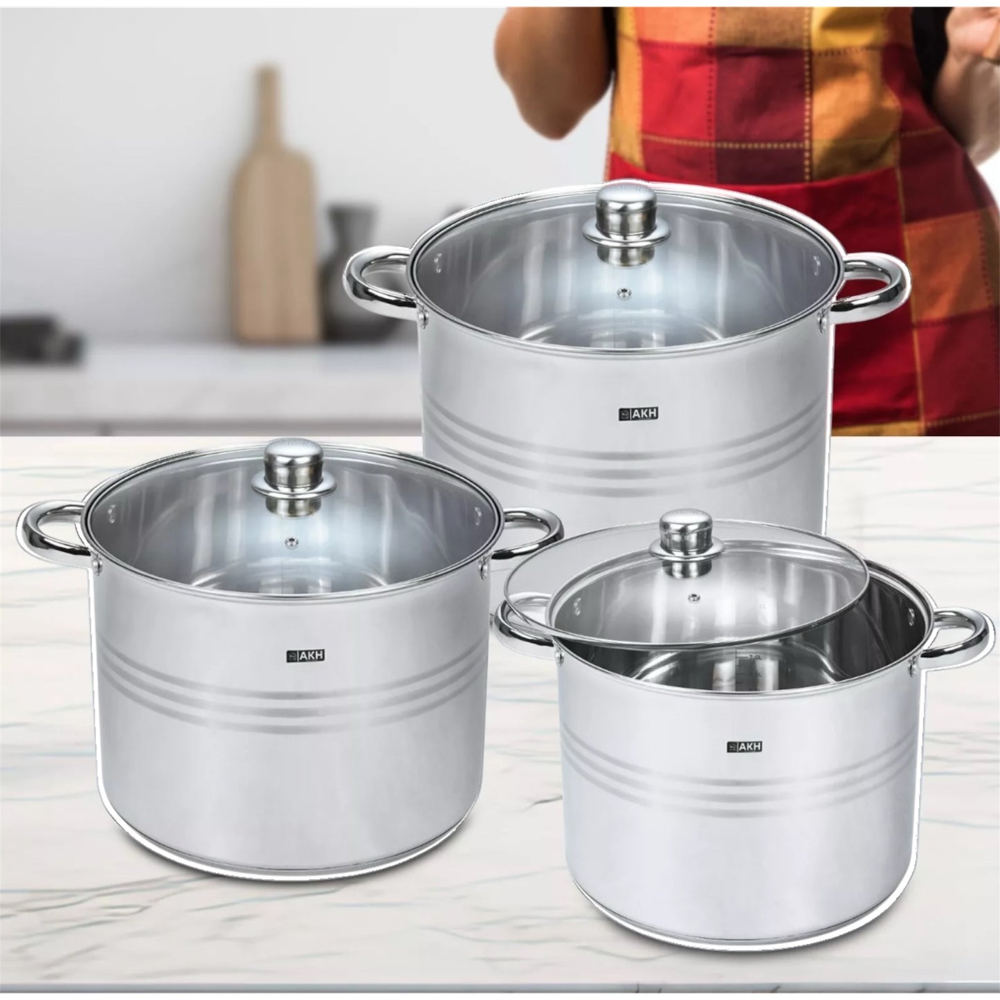 AKH HOUSEWARE Premium Casserole Dish Set – 3 Stock Pots with Lids