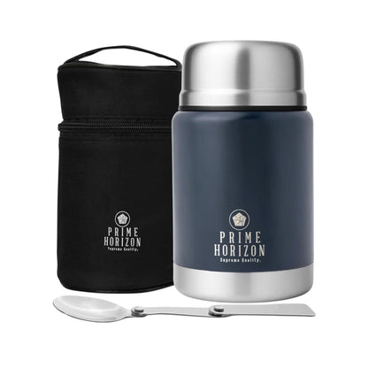Prime Horizon Food Flask - 500ml Stainless Steel Vacuum Double Wall Jar with Folding Spoon, Leakproof and BPA Free. Free Insulated Travel Bag with Carabiner and Gift Box