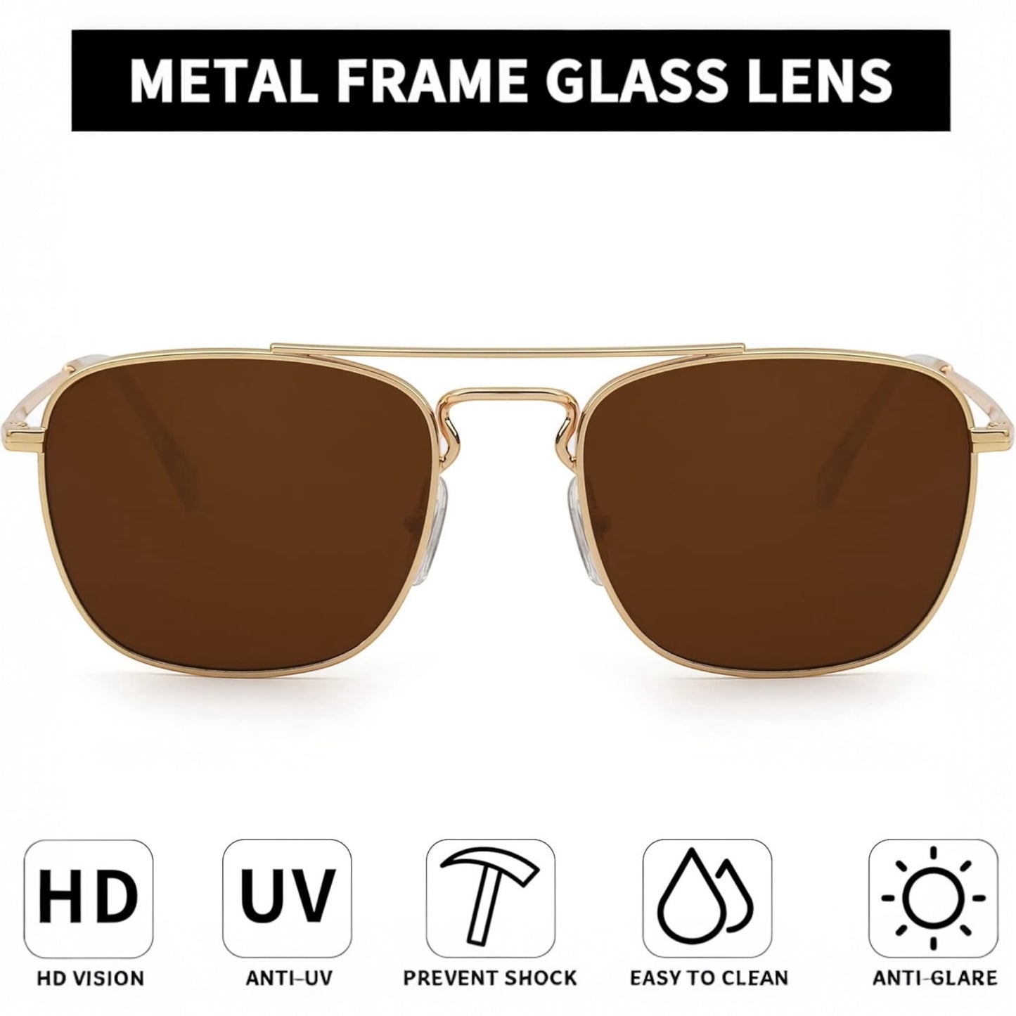 Premium Retro Square Sunglasses – Flat Metal Frame with Glass Lenses for Men & Women