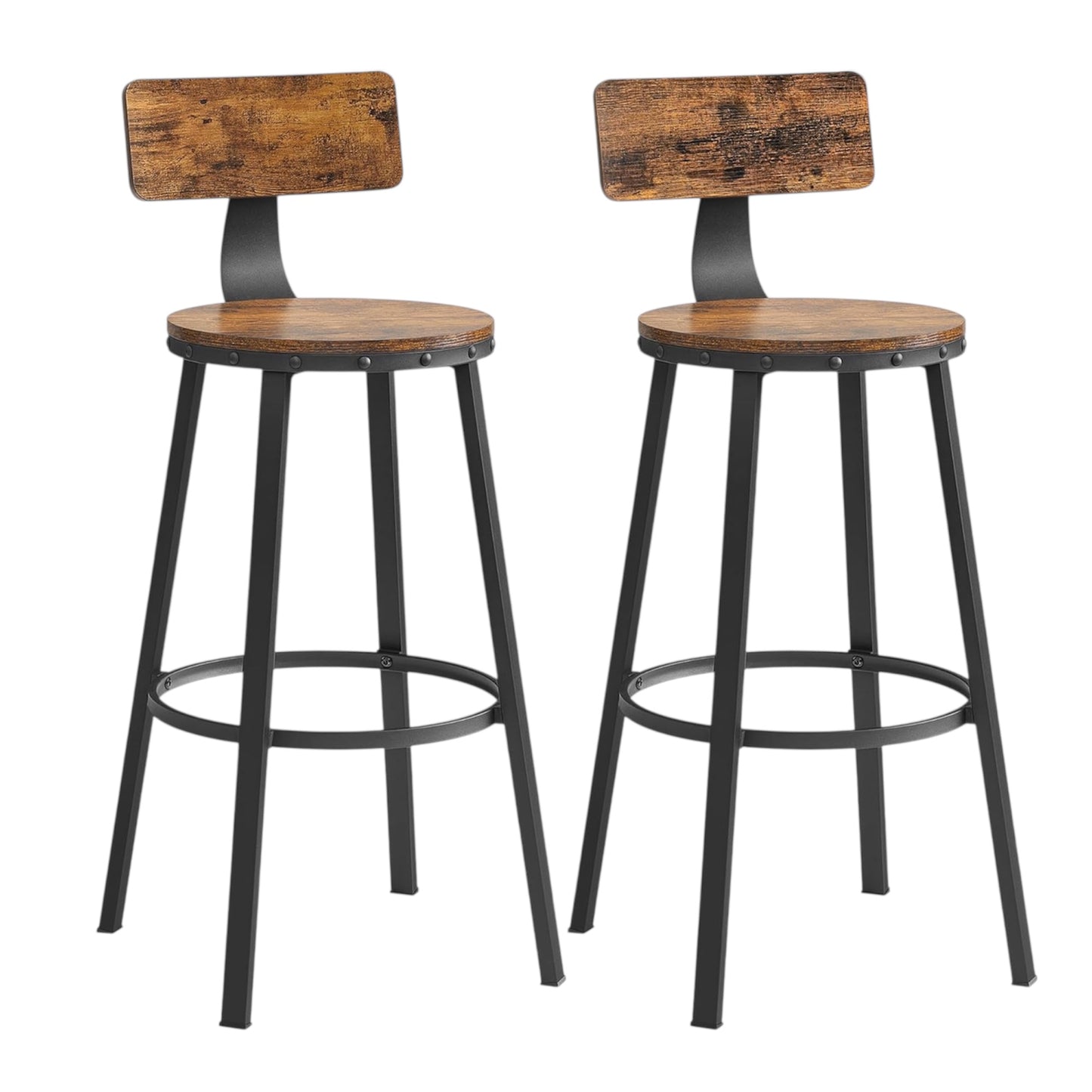 Bar Stools Set of 2, Kitchen Breakfast Bar Chairs, with Backrest, Steel Frame, 73 Cm Tall Seat, Easy Assembly, Industrial Style, Rustic Brown and Black LBC026B01V1