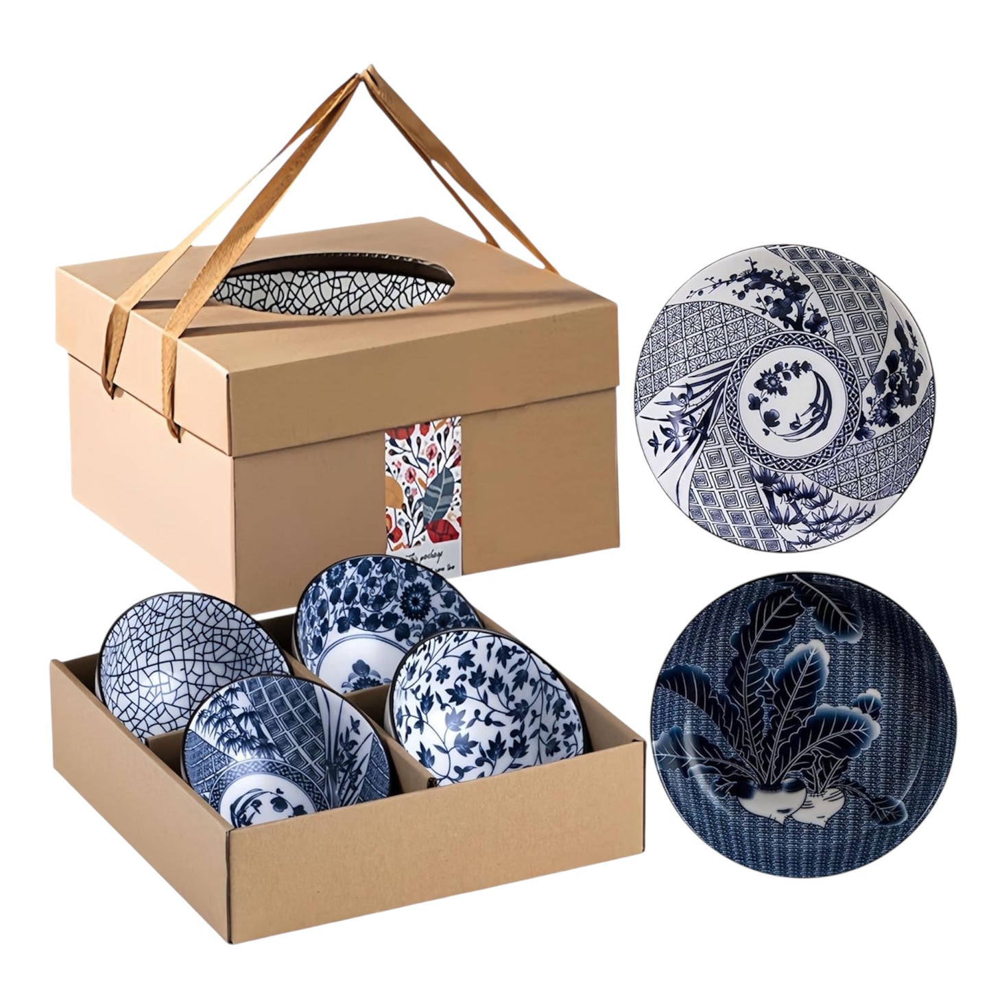 Japanese Style Ceramic Plates and Bowls Set, Rice Bowl with Gift Box Bowls Set of 6, Porcelain Serving Bowl for Rice, Soup, Dessert, Snack, 10Oz/250Ml, Soy Sauce Dish 8Inch, Dishwasher Safe Sets