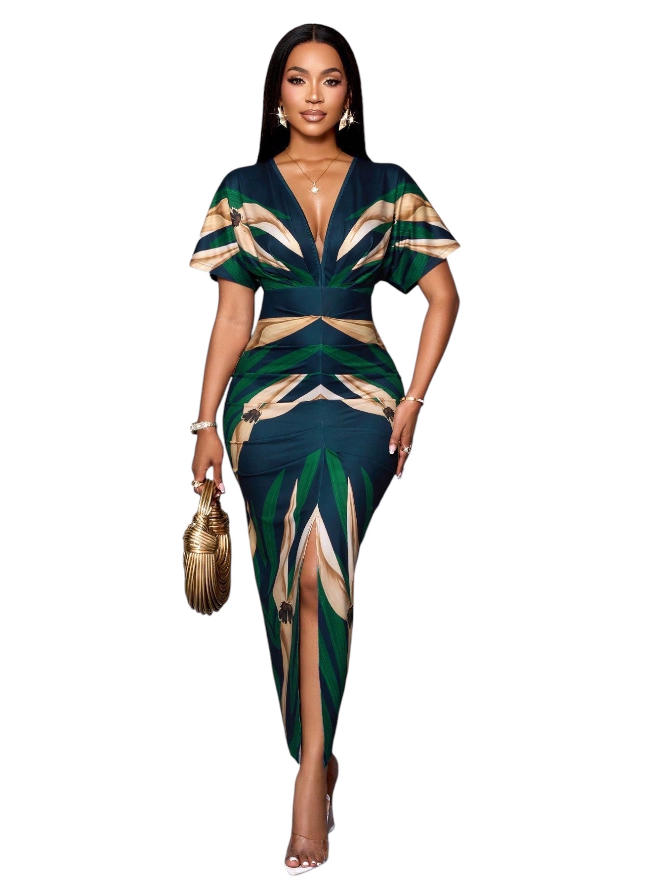 Elegant V-Neck Printed Bodycon Dress with Thigh Split – Perfect for Spring & Summer Events