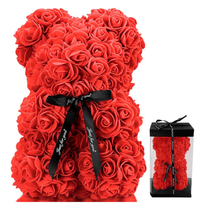 25cm Rose Bear with Transparent Gift Box & Black Ribbon, Rose Petals Teddy Bear Presents for Women, Artificial Flowers Rose Bear Valentines Gifts for Her, for Girlfriend (Red)