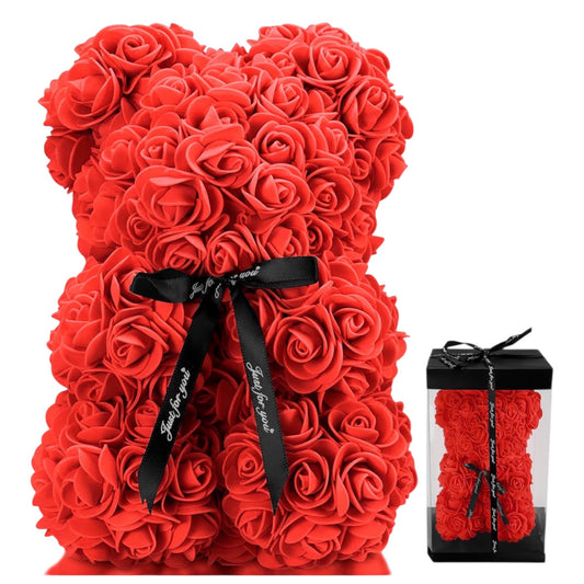 25cm Rose Bear with Transparent Gift Box & Black Ribbon, Rose Petals Teddy Bear Presents for Women, Artificial Flowers Rose Bear Valentines Gifts for Her, for Girlfriend (Red)