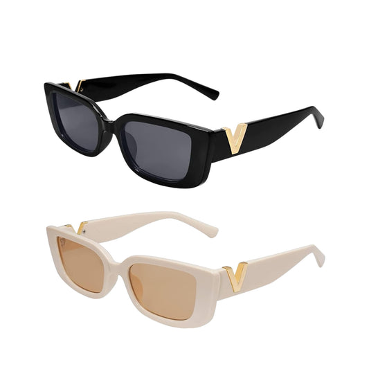 2-Piece Vintage Retro Sunglasses Set for Men and Women - 90s Trendy Styles (Black & Beige)