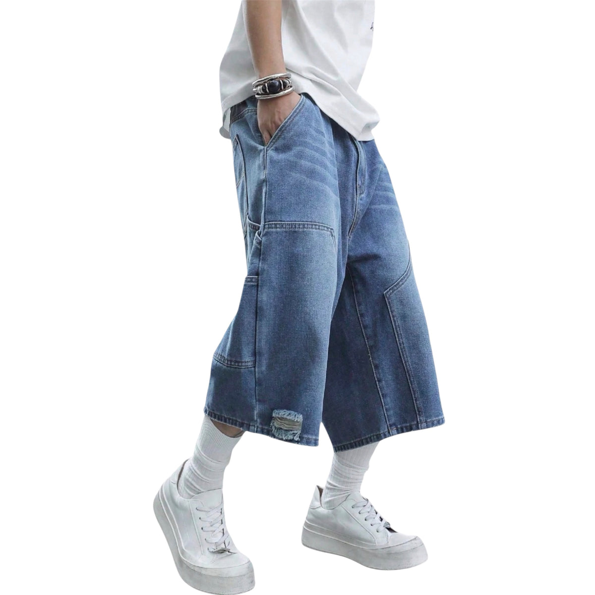 Manfinity EMRG Mid-Blue Washed Denim Cargo Shorts – Street Style Patchwork Bermuda Jorts